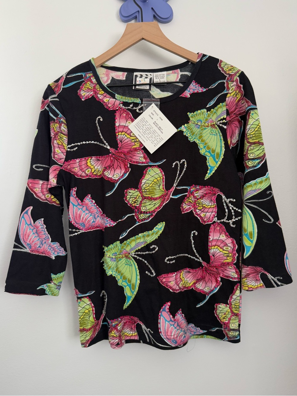 90s Y2K Large NEW Butterfly Print Sequin Black Tee 3/4 Sleeve Cottage Fairy